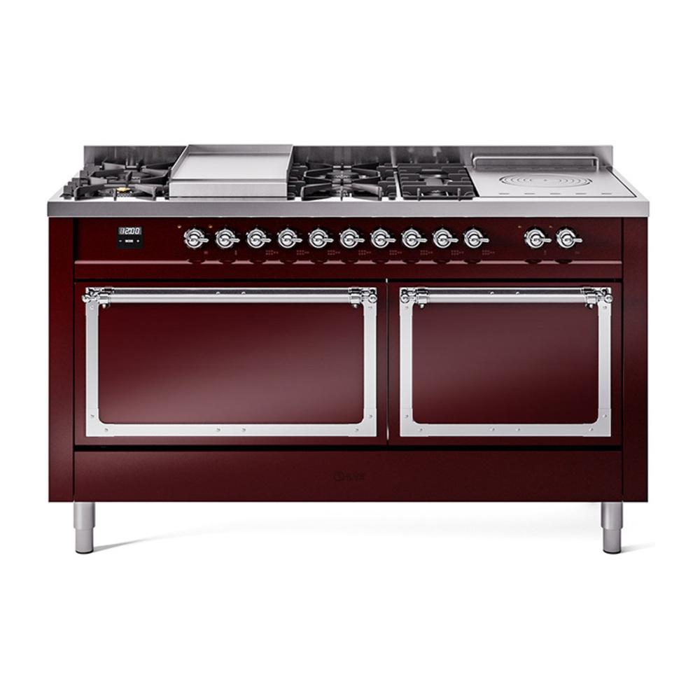 Ilve UN60FSQNMPBUCLP Ilve Un60Fsqnmpbuclp Nostalgie Ii Noblesse 60" Dual Fuel Range (7 Sealed Burners + Griddle + French Top, Liquid Propane, Solid Door, Burgundy, Chrome)