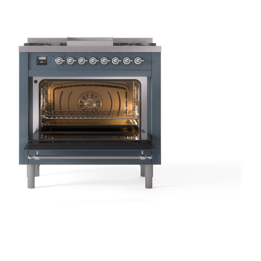 Ilve UN36FQNMPBGCLP Ilve Un36Fqnmpbgclp Nostalgie Ii Noblesse 36" Dual Fuel Range (Liquid Propane, Solid Door, Blue Grey, Chrome)