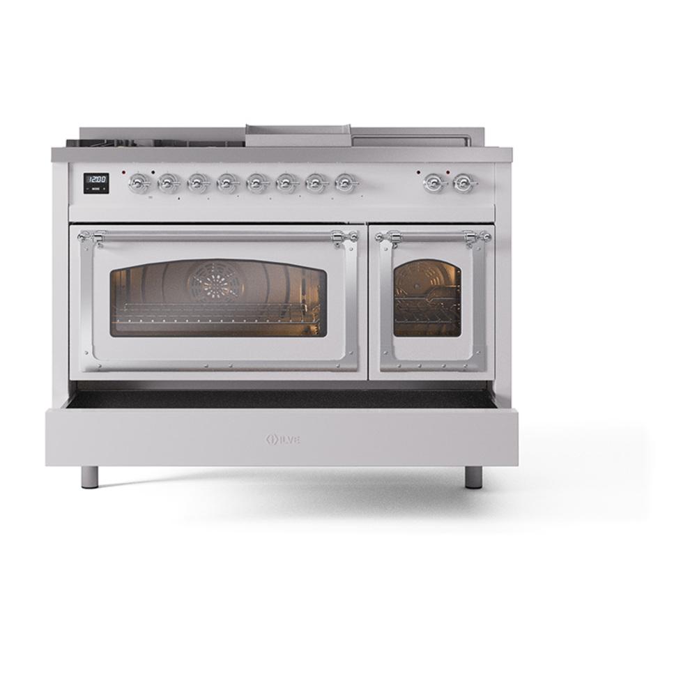 Ilve UN48FSNMPRAC Ilve Un48Fsnmprac Nostalgie Ii Noblesse 48" Dual Fuel Range (5 Sealed Burners + Griddle + French Top, Natural Gas, Triple Glass Door, Ral, Chrome)