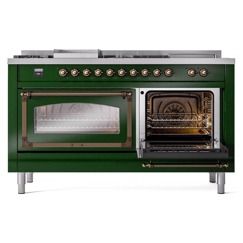 Ilve UN60FSNMPEGBLP Ilve Un60Fsnmpegblp Nostalgie Ii Noblesse 60" Dual Fuel Range (7 Sealed Burners + Griddle + French Top, Liquid Propane, Triple Glass Door, Emerald Green, Burnished)