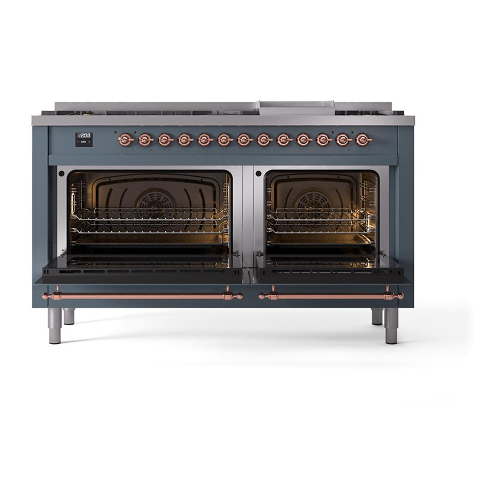 Ilve UN60FNMPBGP Ilve Un60Fnmpbgp Nostalgie Ii Noblesse 60" Dual Fuel Range (9 Sealed Burners + Griddle, Natural Gas, Triple Glass Door, Blue Grey, Copper)