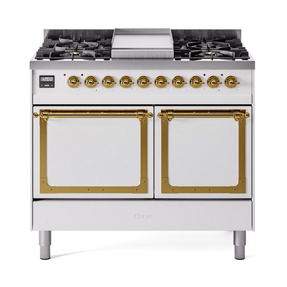 Ilve UND40FQNMPWHG Ilve Und40Fqnmpwhg Nostalgie Ii Noblesse 40" Dual Fuel Range (Natural Gas, Solid Door, White, Brass)