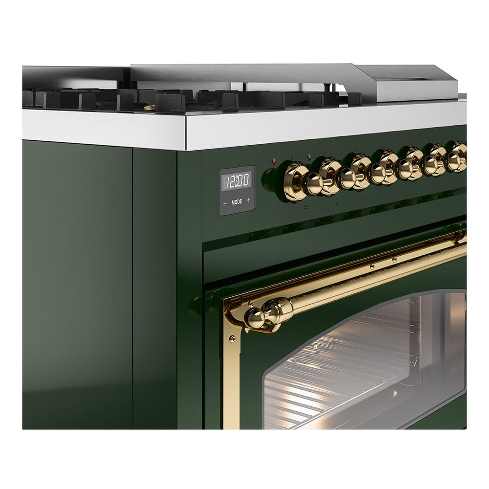 Ilve UN48FSNMPEGG Ilve Un48Fsnmpegg Nostalgie Ii Noblesse 48" Dual Fuel Range (5 Sealed Burners + Griddle + French Top, Natural Gas, Triple Glass Door, Emerald Green, Brass)