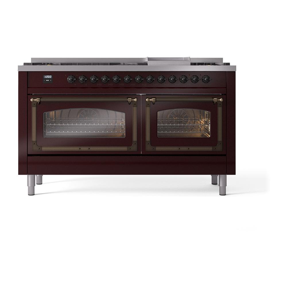 Ilve UN60FNMPBUBLP Ilve Un60Fnmpbublp Nostalgie Ii Noblesse 60" Dual Fuel Range (9 Sealed Burners + Griddle, Liquid Propane, Triple Glass Door, Burgundy, Burnished)