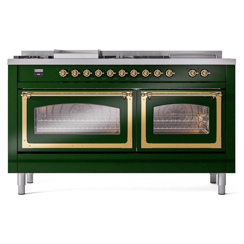Ilve UN60FSNMPEGG Ilve Un60Fsnmpegg Nostalgie Ii Noblesse 60" Dual Fuel Range (7 Sealed Burners + Griddle + French Top, Natural Gas, Triple Glass Door, Emerald Green, Brass)