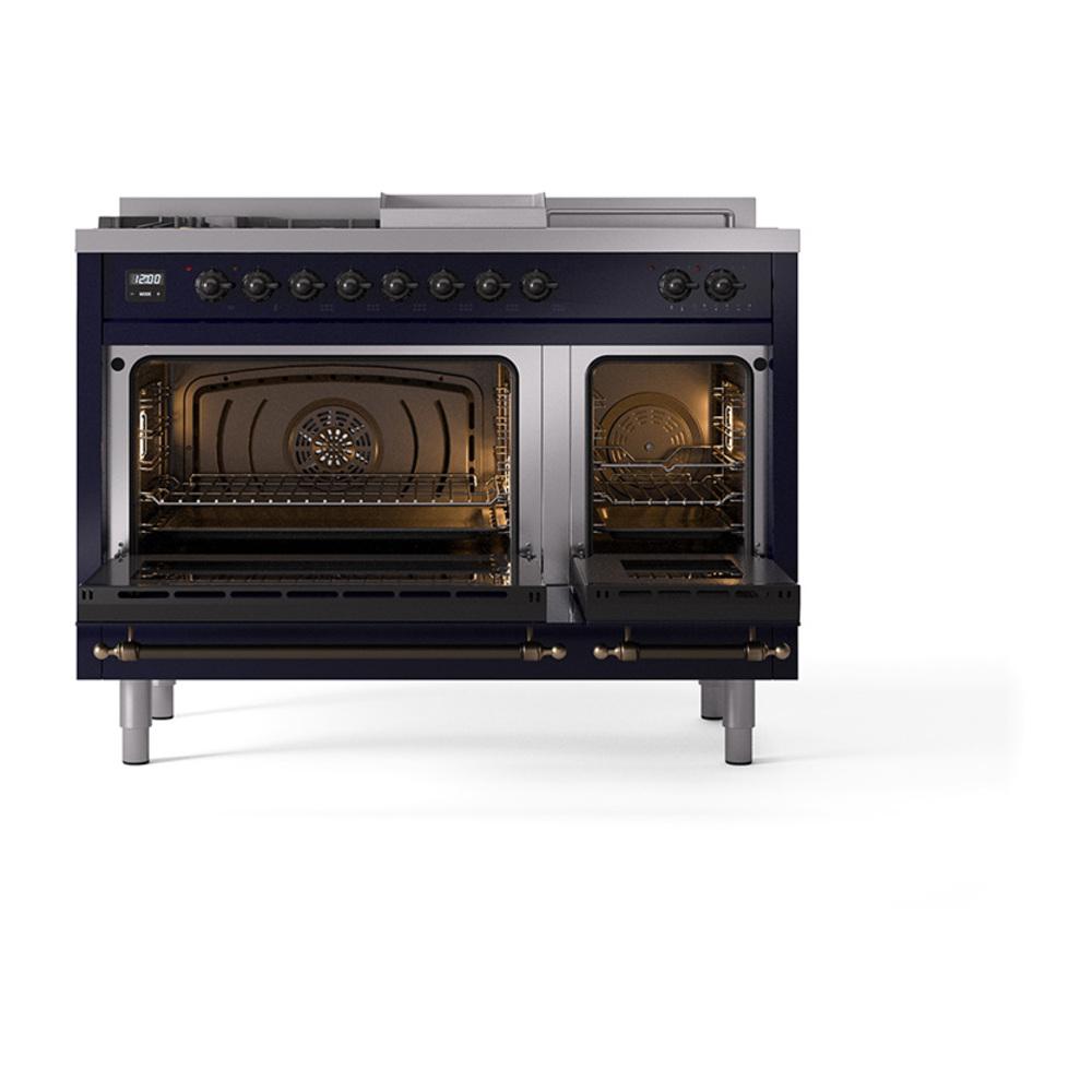 Ilve UN48FSNMPMBBLP Ilve Un48Fsnmpmbblp Nostalgie Ii Noblesse 48" Dual Fuel Range (5 Sealed Burners + Griddle + French Top, Liquid Propane, Triple Glass Door, Midnight Blue, Burnished)