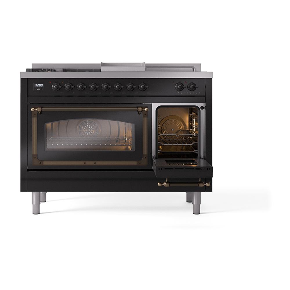 Ilve UN48FSNMPBKBLP Ilve Un48Fsnmpbkblp Nostalgie Ii Noblesse 48" Dual Fuel Range (5 Sealed Burners + Griddle + French Top, Liquid Propane, Triple Glass Door, Glossy Black, Burnished)