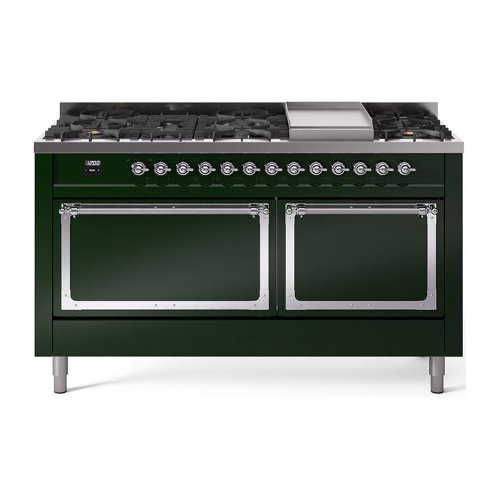 Ilve UN60FQNMPEGCLP Ilve Un60Fqnmpegclp Nostalgie Ii Noblesse 60" Dual Fuel Range (9 Sealed Burners + Griddle, Liquid Propane, Solid Door, Emerald Green, Chrome)