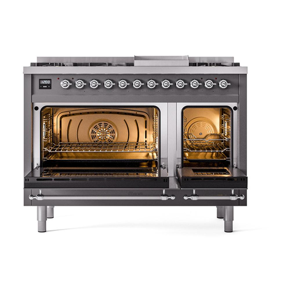 Ilve UN48FQNMPMGC Ilve Un48Fqnmpmgc Nostalgie Ii Noblesse 48" Dual Fuel Range (8 Sealed Burners + Griddle, Natural Gas, Solid Door, Graphite Matte, Chrome)