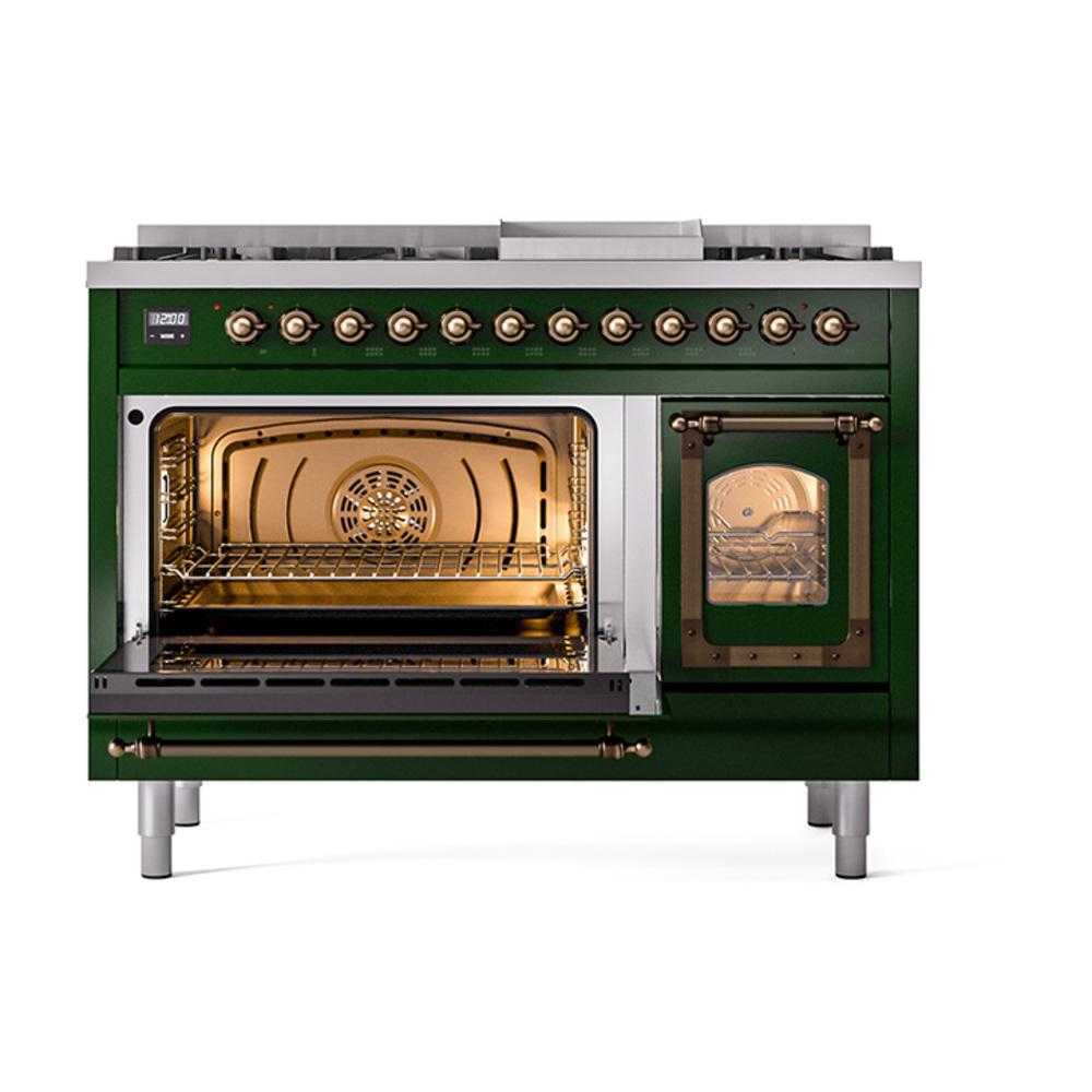 Ilve UN48FNMPEGBLP Ilve Un48Fnmpegblp Nostalgie Ii Noblesse 48" Dual Fuel Range (8 Sealed Burners + Griddle, Liquid Propane, Triple Glass Door, Emerald Green, Burnished)