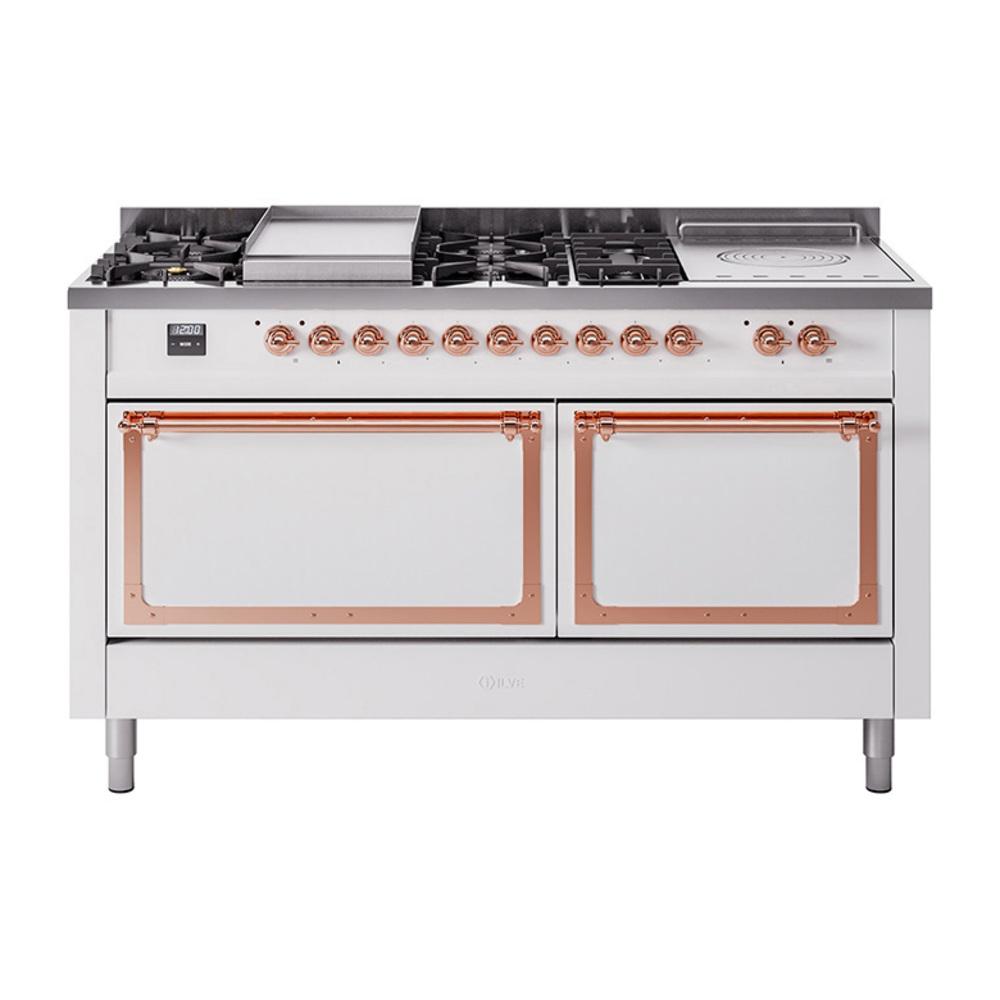 Ilve UN60FSQNMPWHP Ilve Un60Fsqnmpwhp Nostalgie Ii Noblesse 60" Dual Fuel Range (7 Sealed Burners + Griddle + French Top, Natural Gas, Solid Door, White, Copper)