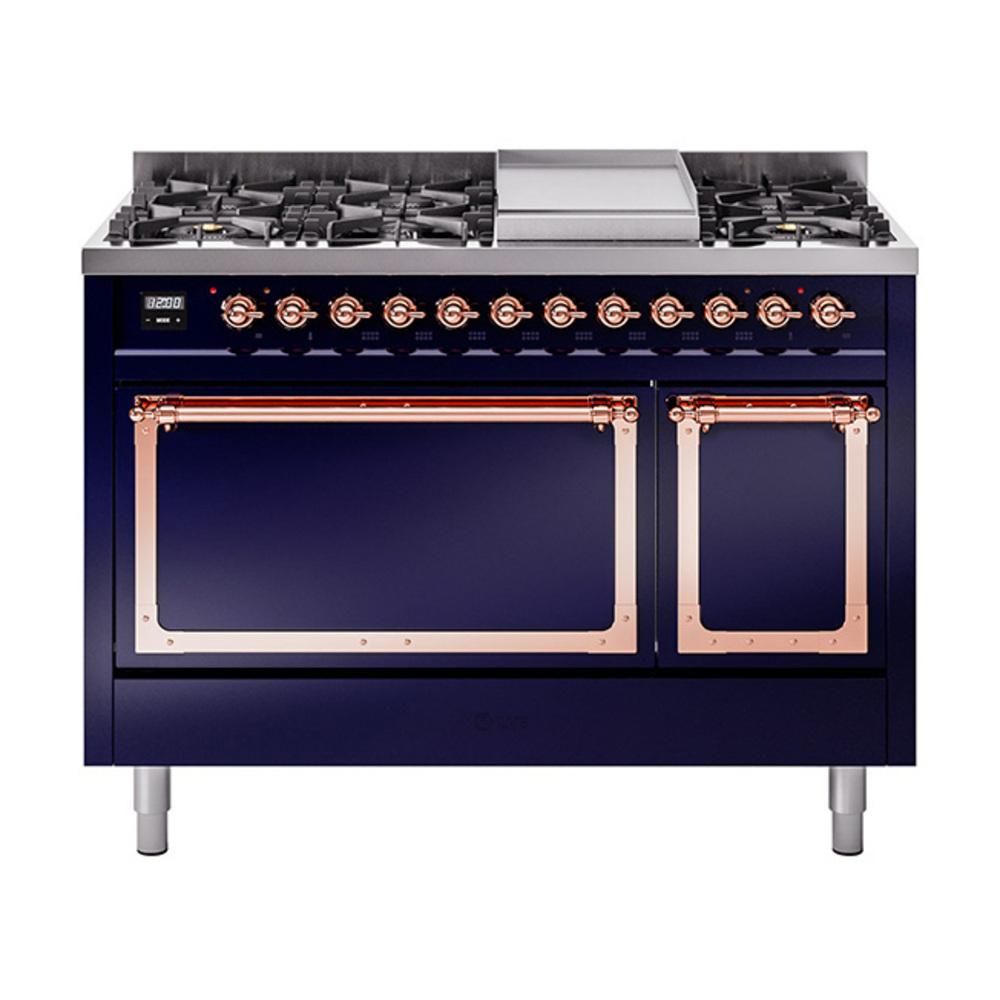 Ilve UN48FQNMPMBPLP Ilve Un48Fqnmpmbplp Nostalgie Ii Noblesse 48" Dual Fuel Range (8 Sealed Burners + Griddle, Liquid Propane, Solid Door, Midnight Blue, Copper)
