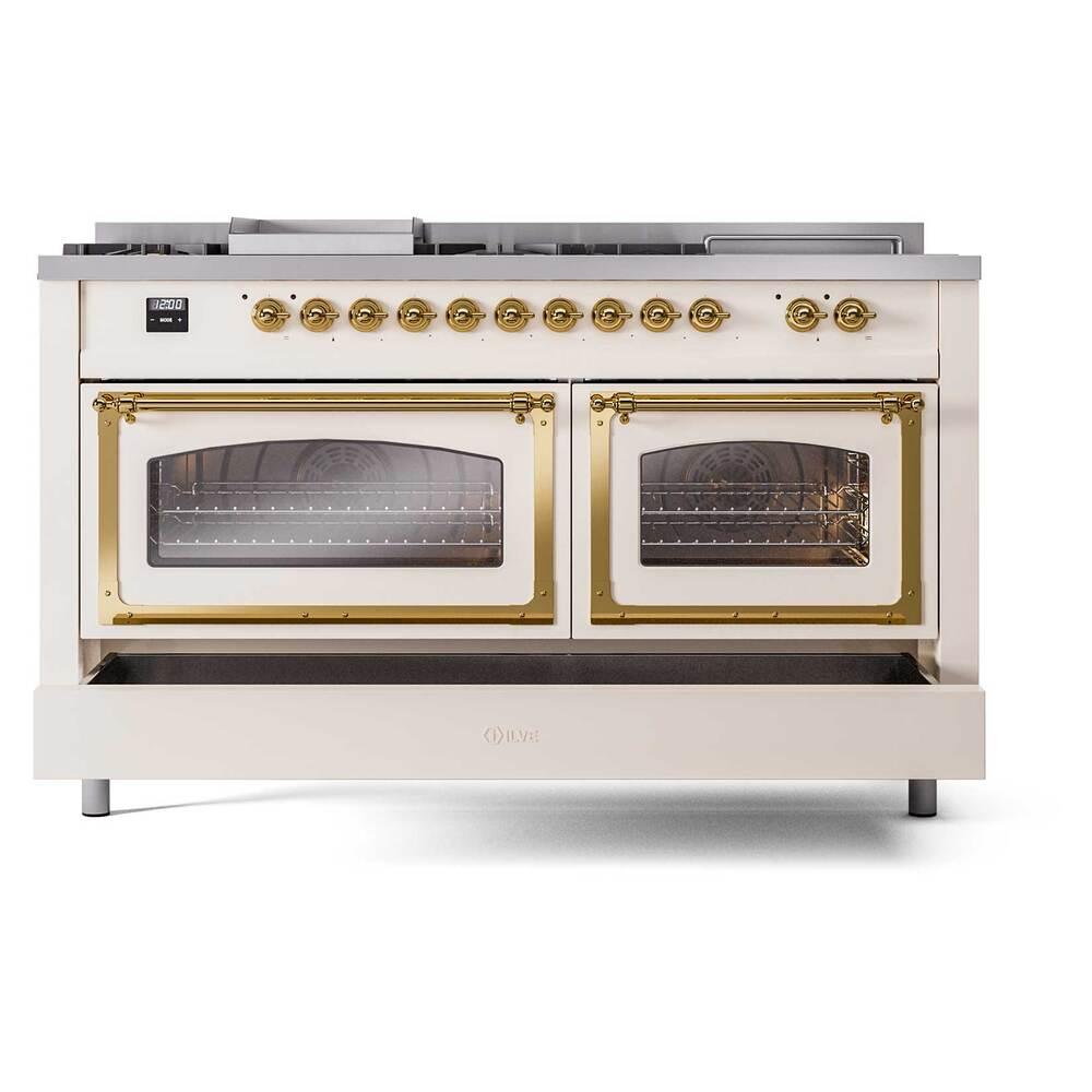 Ilve UN60FSNMPAWG Ilve Un60Fsnmpawg Nostalgie Ii Noblesse 60" Dual Fuel Range (7 Sealed Burners + Griddle + French Top, Natural Gas, Triple Glass Door, Antique White, Brass)