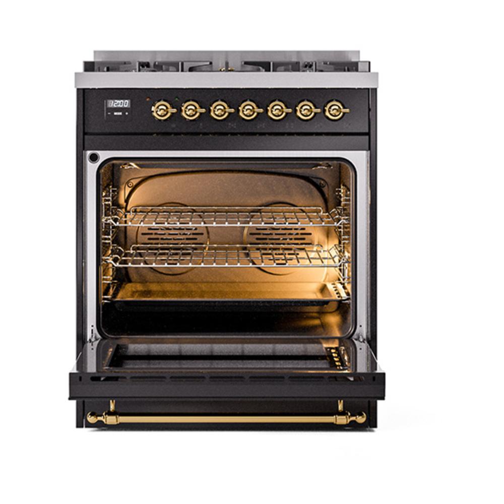 Ilve UN30QNMPBKGLP Ilve Un30Qnmpbkglp Nostalgie Ii Noblesse 30" Dual Fuel Range (Liquid Propane, Solid Door, Glossy Black, Brass)