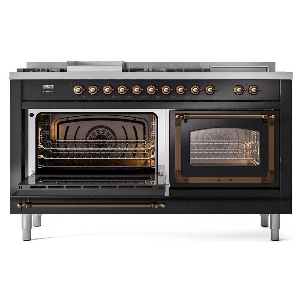 Ilve UN60FSNMPBKB Ilve Un60Fsnmpbkb Nostalgie Ii Noblesse 60" Dual Fuel Range (7 Sealed Burners + Griddle + French Top, Natural Gas, Triple Glass Door, Glossy Black, Burnished)