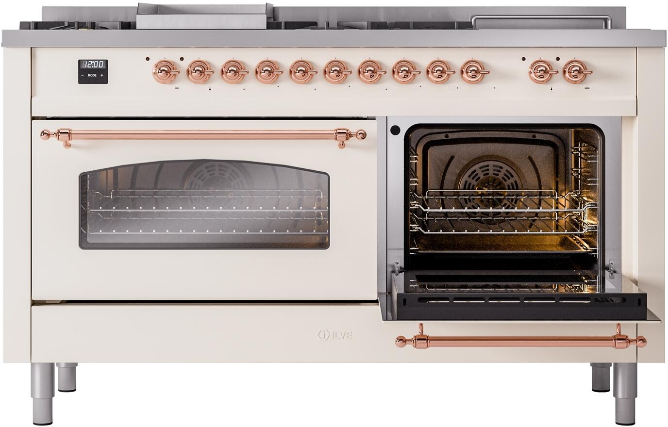 Ilve UP60FSNMPAWPLP Nostalgie Ii 60 Inch Dual Fuel Liquid Propane Freestanding Range In Antique White With Copper Trim