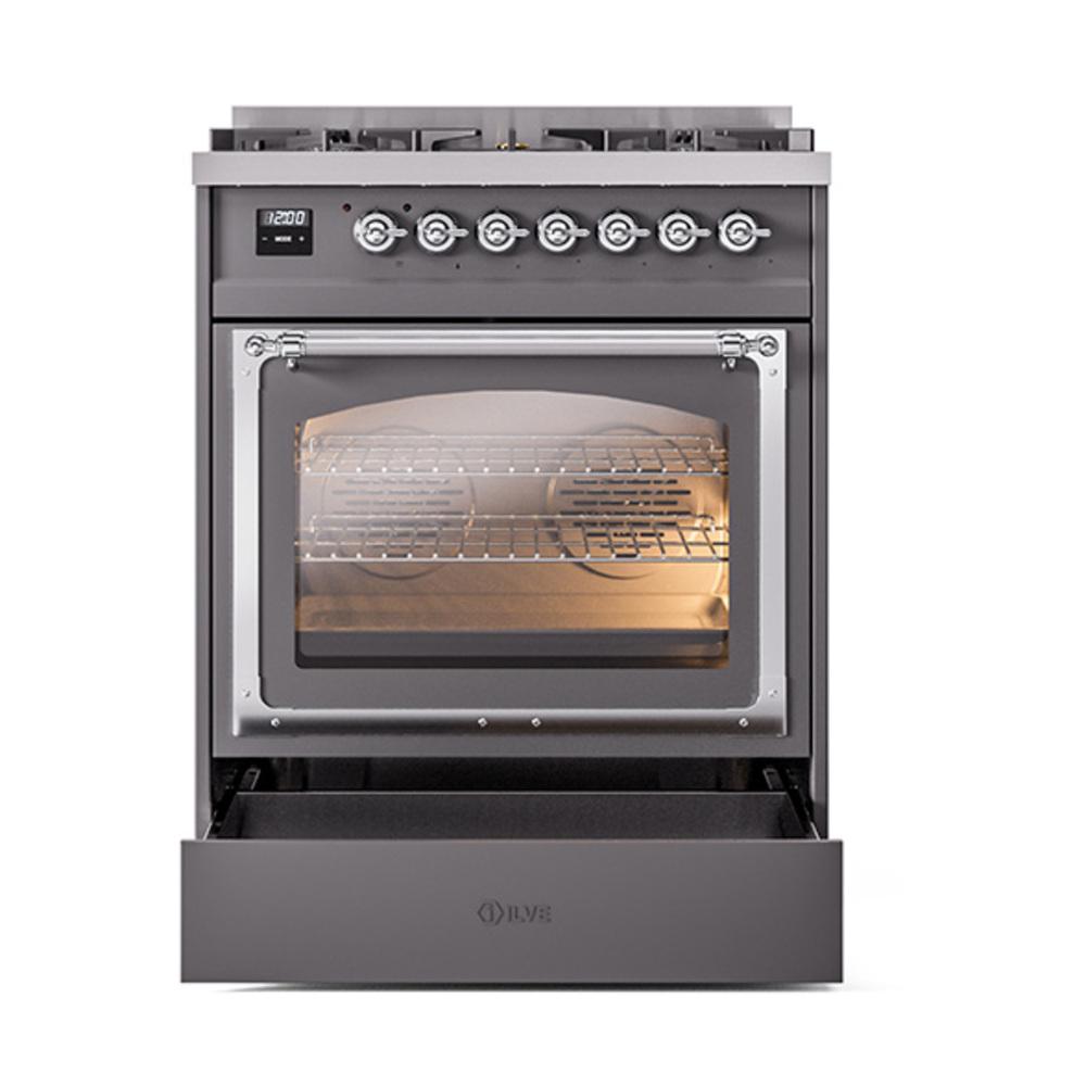 Ilve UN30NMPMGCLP Ilve Un30Nmpmgclp Nostalgie Ii Noblesse 30" Dual Fuel Range (Liquid Propane, Triple Glass Door, Graphite Matte, Chrome)