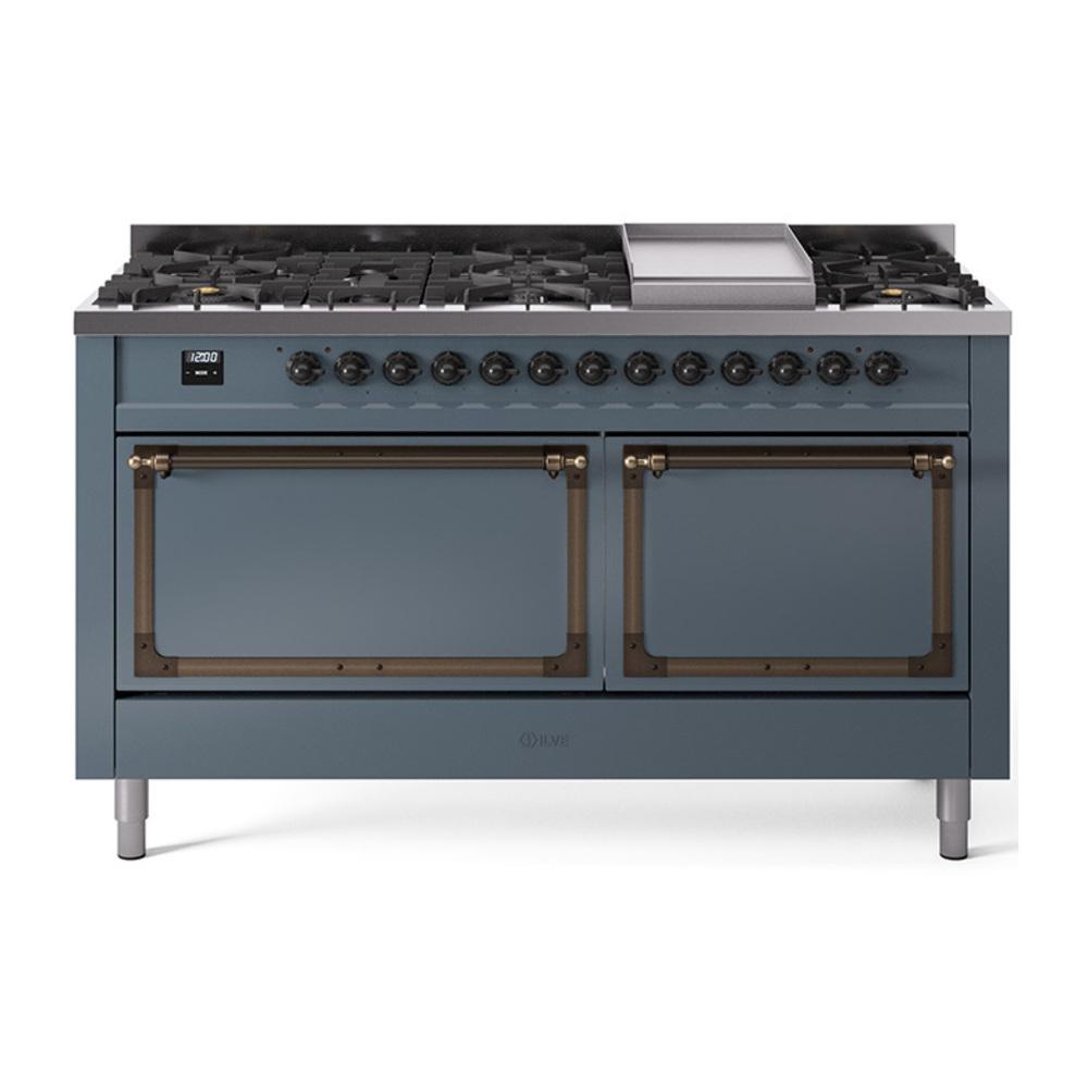 Ilve UN60FQNMPBGBLP Ilve Un60Fqnmpbgblp Nostalgie Ii Noblesse 60" Dual Fuel Range (9 Sealed Burners + Griddle, Liquid Propane, Solid Door, Blue Grey, Burnished)