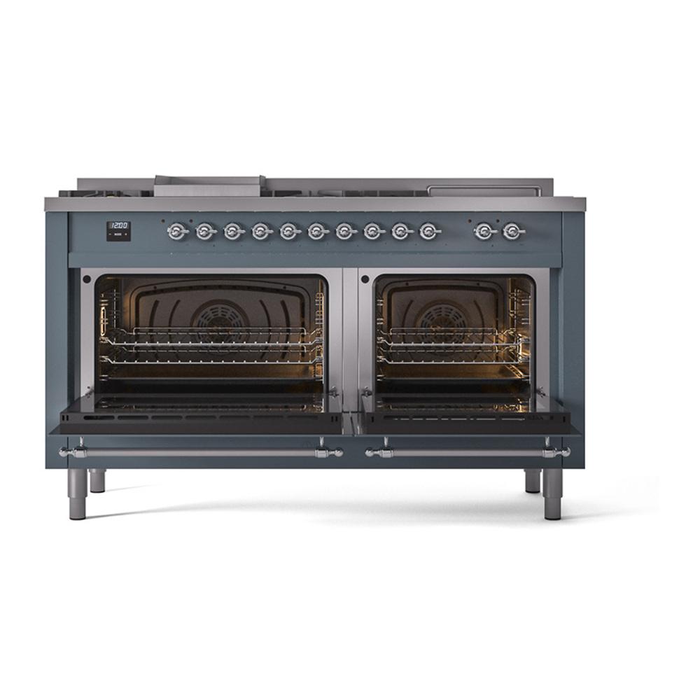 Ilve UN60FSQNMPBGCLP Ilve Un60Fsqnmpbgclp Nostalgie Ii Noblesse 60" Dual Fuel Range (7 Sealed Burners + Griddle + French Top, Liquid Propane, Solid Door, Blue Grey, Chrome)
