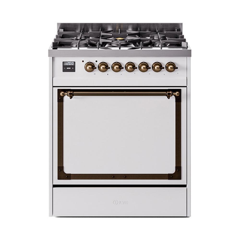 Ilve UN30QNMPWHBLP Ilve Un30Qnmpwhblp Nostalgie Ii Noblesse 30" Dual Fuel Range (Liquid Propane, Solid Door, White, Burnished)