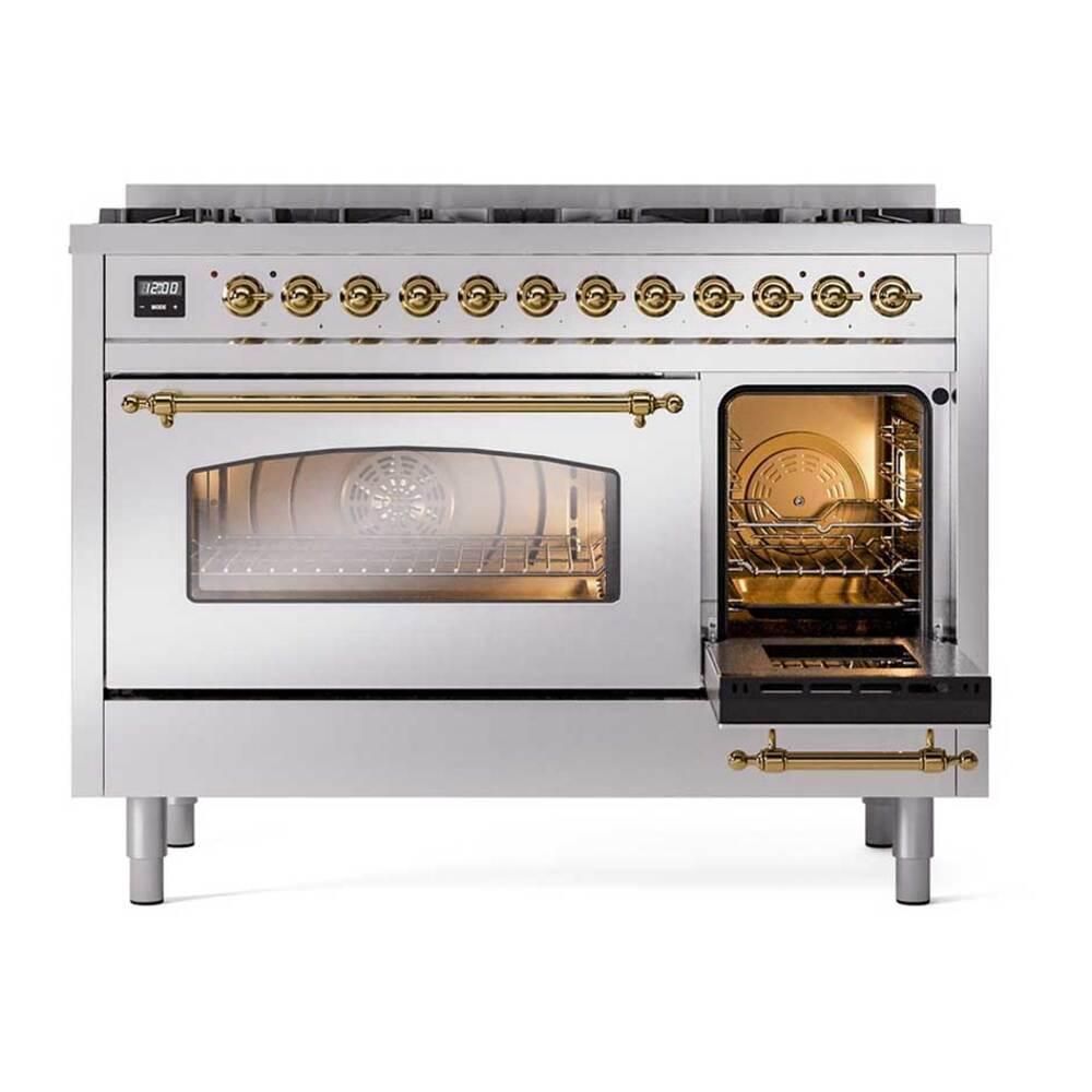 Ilve UP488NMPSSGLP Ilve Up488Nmpssglp Nostalgie Ii 48 Inch Dual Fuel Range With 8 Total Black Brass Sealed Burners, Brass Trim (Limited Edition) (Liquid Propane, Stainless Steel)