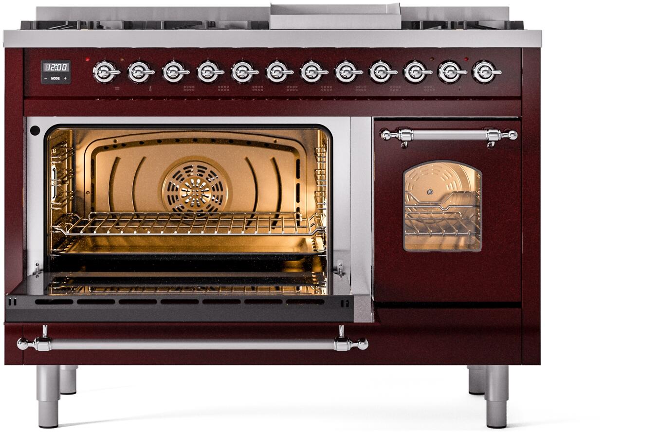 Ilve UP48FNMPBUC Nostalgie Ii 48 Inch Dual Fuel Natural Gas Freestanding Range In Burgundy With Chrome Trim