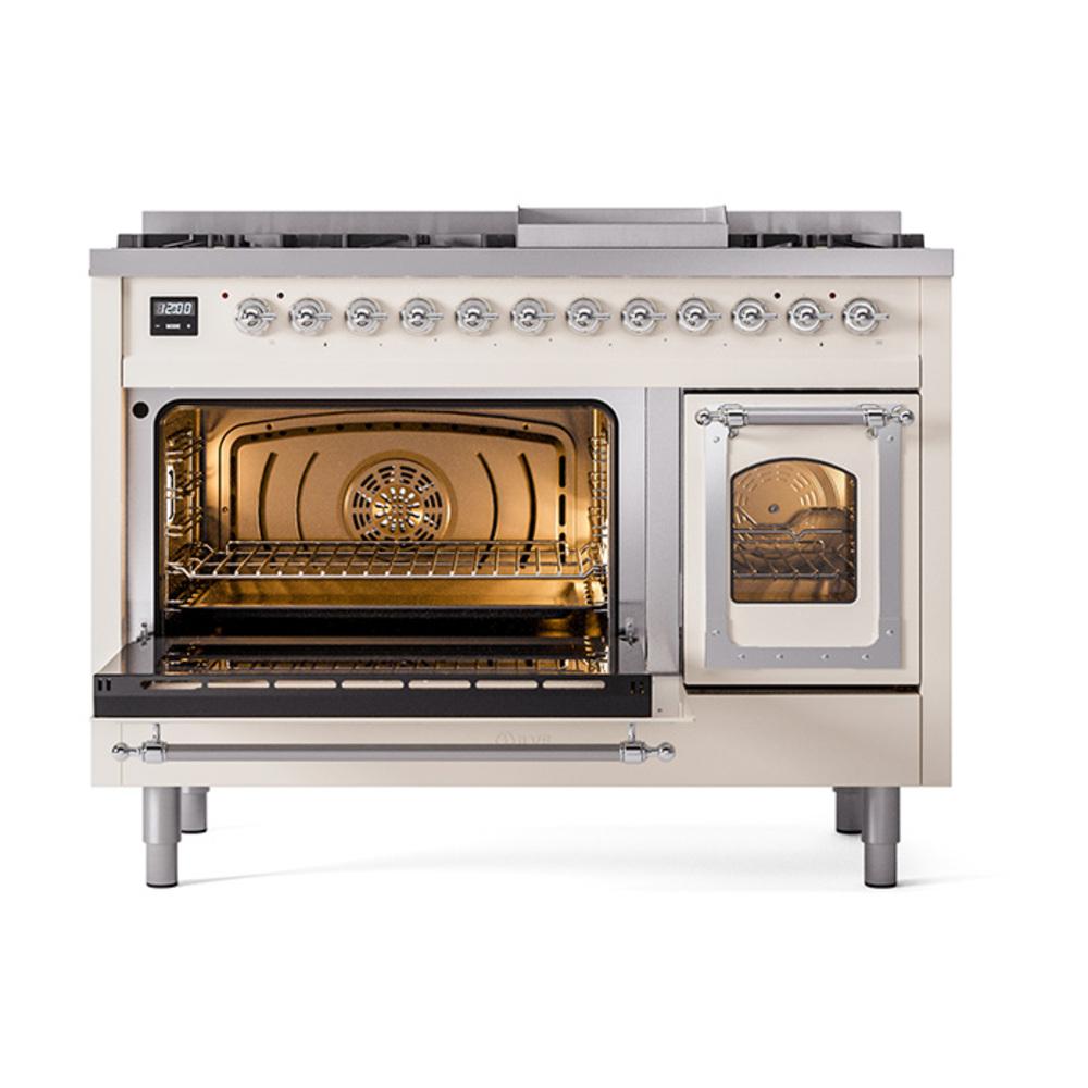 Ilve UN48FNMPAWCLP Ilve Un48Fnmpawclp Nostalgie Ii Noblesse 48" Dual Fuel Range (8 Sealed Burners + Griddle, Liquid Propane, Triple Glass Door, Antique White, Chrome)