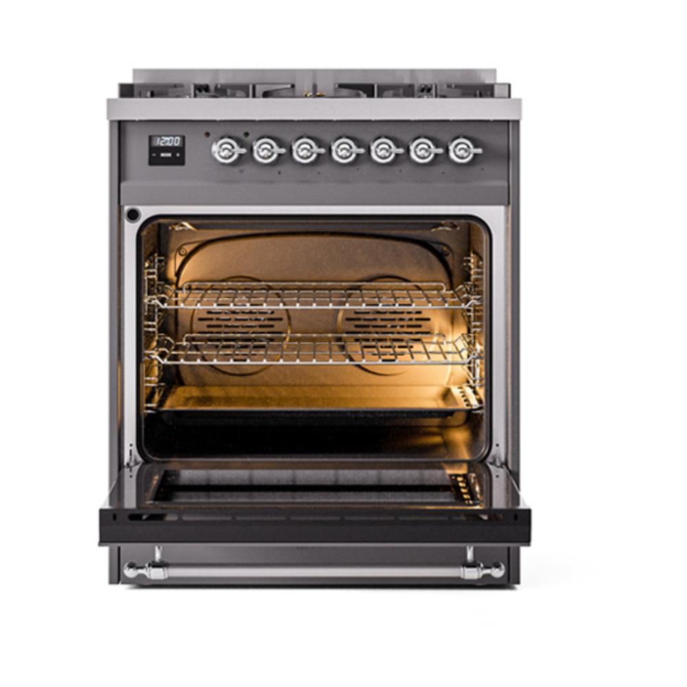 Ilve UN30QNMPMGCLP Ilve Un30Qnmpmgclp Nostalgie Ii Noblesse 30" Dual Fuel Range (Liquid Propane, Solid Door, Graphite Matte, Chrome)