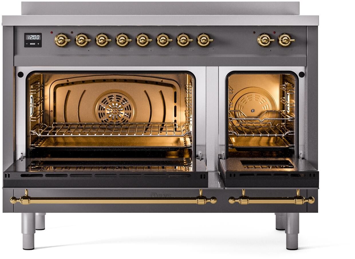 Ilve UPI486NMPMGG Nostalgie Ii 48 Inch Electric Freestanding Range In Matte Graphite With Brass Trim