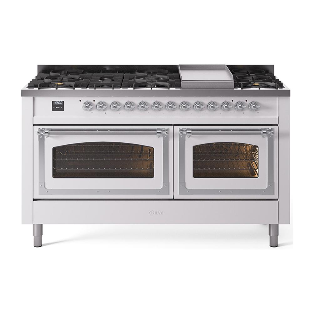Ilve UN60FNMPWHCLP Ilve Un60Fnmpwhclp Nostalgie Ii Noblesse 60" Dual Fuel Range (9 Sealed Burners + Griddle, Liquid Propane, Triple Glass Door, White, Chrome)