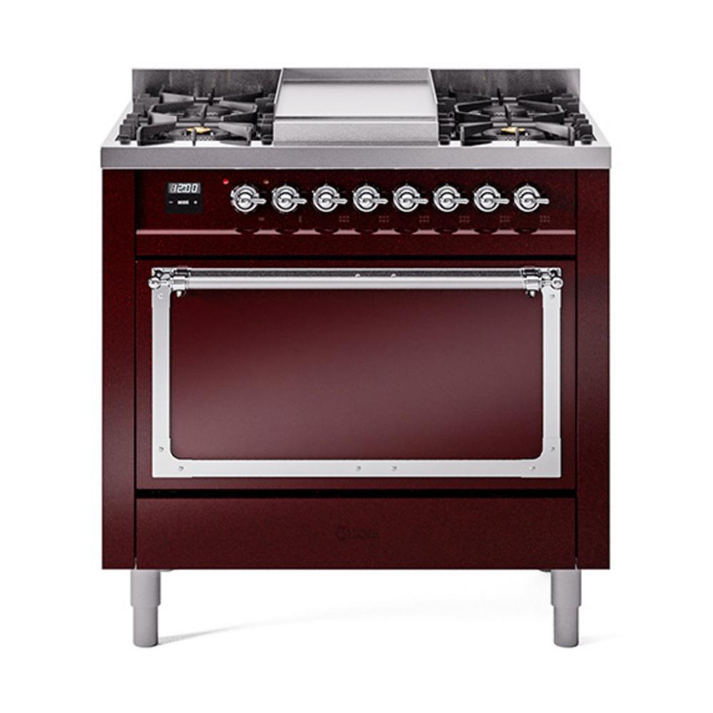 Ilve UN36FQNMPBUC Ilve Un36Fqnmpbuc Nostalgie Ii Noblesse 36" Dual Fuel Range (Natural Gas, Solid Door, Burgundy, Chrome)