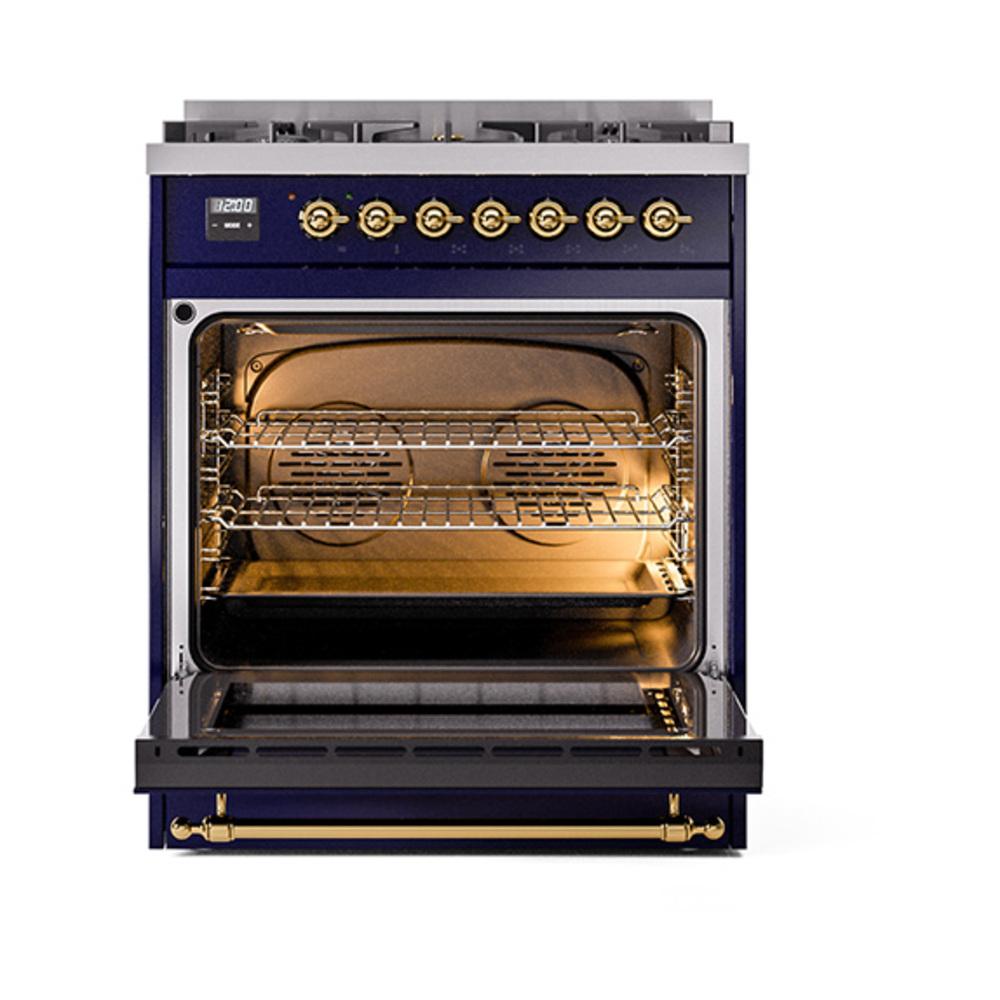 Ilve UN30QNMPMBG Ilve Un30Qnmpmbg Nostalgie Ii Noblesse 30" Dual Fuel Range (Natural Gas, Solid Door, Midnight Blue, Brass)