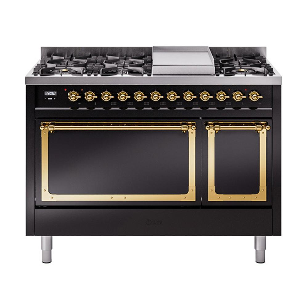 Ilve UN48FQNMPBKGLP Ilve Un48Fqnmpbkglp Nostalgie Ii Noblesse 48" Dual Fuel Range (8 Sealed Burners + Griddle, Liquid Propane, Solid Door, Glossy Black, Brass)