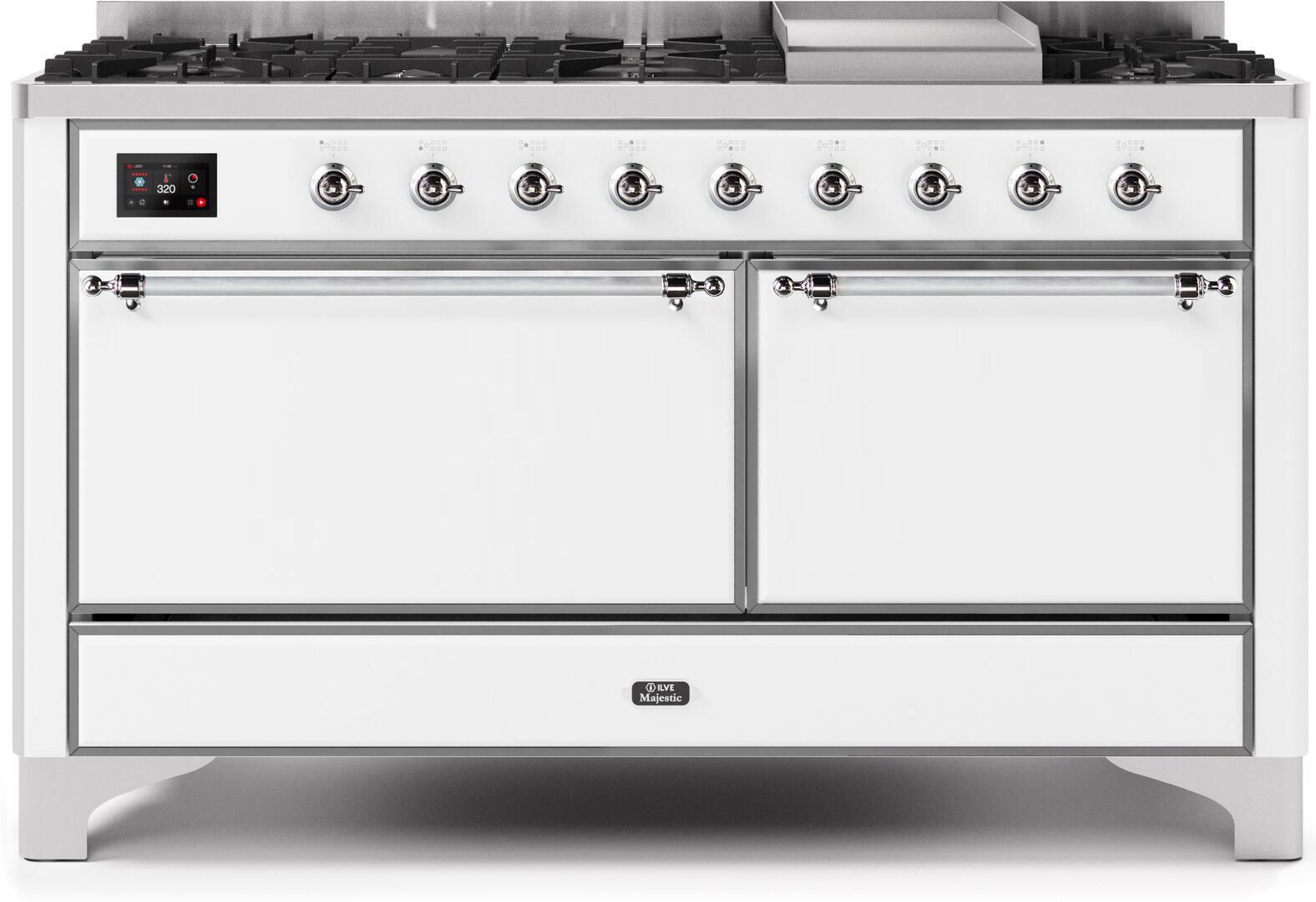 Ilve UM15FDQNS3WHC Majestic Ii 60 Inch Dual Fuel Natural Gas Freestanding Range In White With Chrome Trim