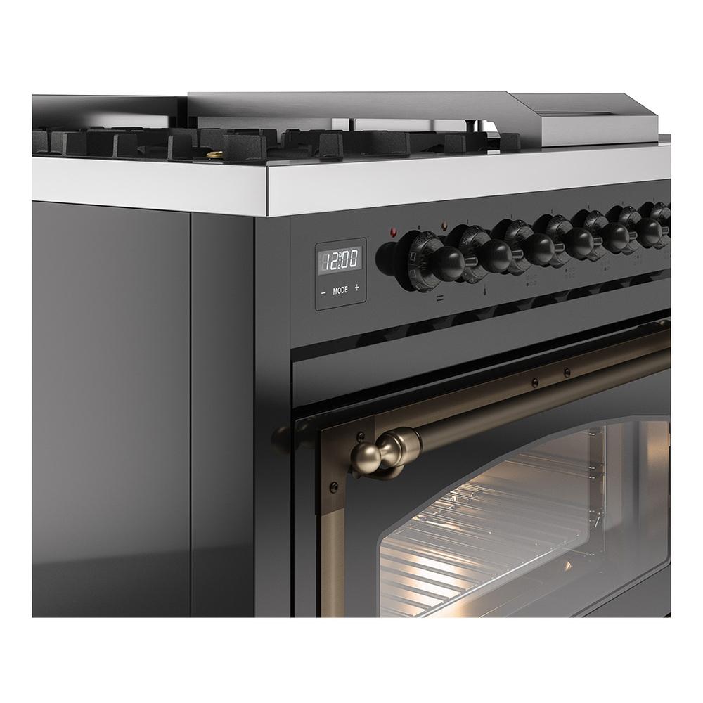Ilve UN48FSNMPBKBLP Ilve Un48Fsnmpbkblp Nostalgie Ii Noblesse 48" Dual Fuel Range (5 Sealed Burners + Griddle + French Top, Liquid Propane, Triple Glass Door, Glossy Black, Burnished)