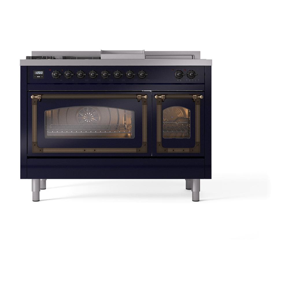 Ilve UN48FSNMPMBBLP Ilve Un48Fsnmpmbblp Nostalgie Ii Noblesse 48" Dual Fuel Range (5 Sealed Burners + Griddle + French Top, Liquid Propane, Triple Glass Door, Midnight Blue, Burnished)
