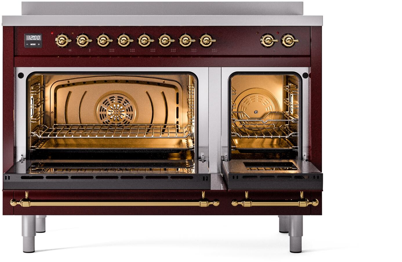 Ilve UPI486NMPBUG Nostalgie Ii 48 Inch Electric Freestanding Range In Burgundy With Brass Trim
