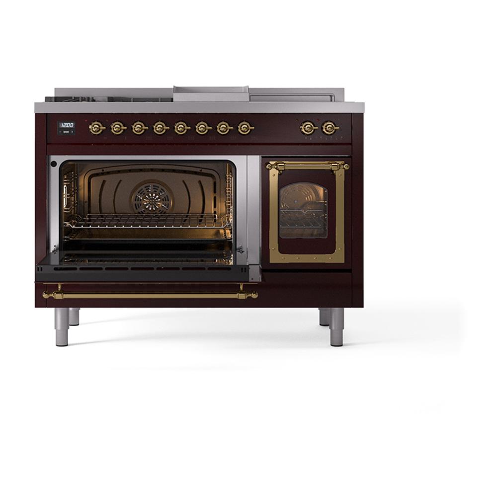 Ilve UN48FSNMPBUGLP Ilve Un48Fsnmpbuglp Nostalgie Ii Noblesse 48" Dual Fuel Range (5 Sealed Burners + Griddle + French Top, Liquid Propane, Triple Glass Door, Burgundy, Brass)