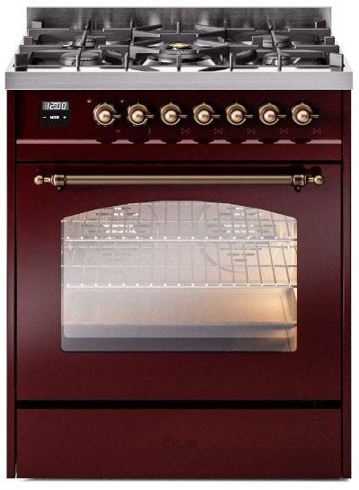 Ilve UP30NMPBUBLP Nostalgie Ii 30 Inch Dual Fuel Liquid Propane Freestanding Range In Burgundy With Bronze Trim