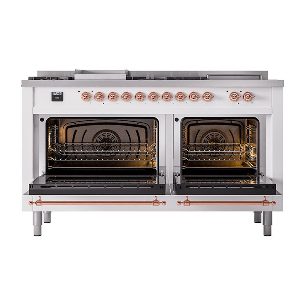 Ilve UN60FSQNMPWHPLP Ilve Un60Fsqnmpwhplp Nostalgie Ii Noblesse 60" Dual Fuel Range (7 Sealed Burners + Griddle + French Top, Liquid Propane, Solid Door, White, Copper)