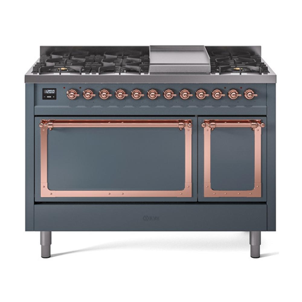 Ilve UN48FQNMPBGPLP Ilve Un48Fqnmpbgplp Nostalgie Ii Noblesse 48" Dual Fuel Range (8 Sealed Burners + Griddle, Liquid Propane, Solid Door, Blue Grey, Copper)