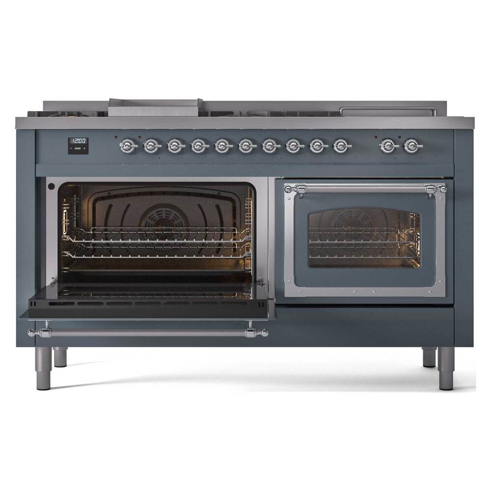 Ilve UN60FSNMPBGCLP Ilve Un60Fsnmpbgclp Nostalgie Ii Noblesse 60" Dual Fuel Range (7 Sealed Burners + Griddle + French Top, Liquid Propane, Triple Glass Door, Blue Grey, Chrome)