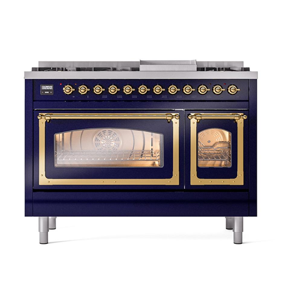 Ilve UN48FNMPMBG Ilve Un48Fnmpmbg Nostalgie Ii Noblesse 48" Dual Fuel Range (8 Sealed Burners + Griddle, Natural Gas, Triple Glass Door, Midnight Blue, Brass)