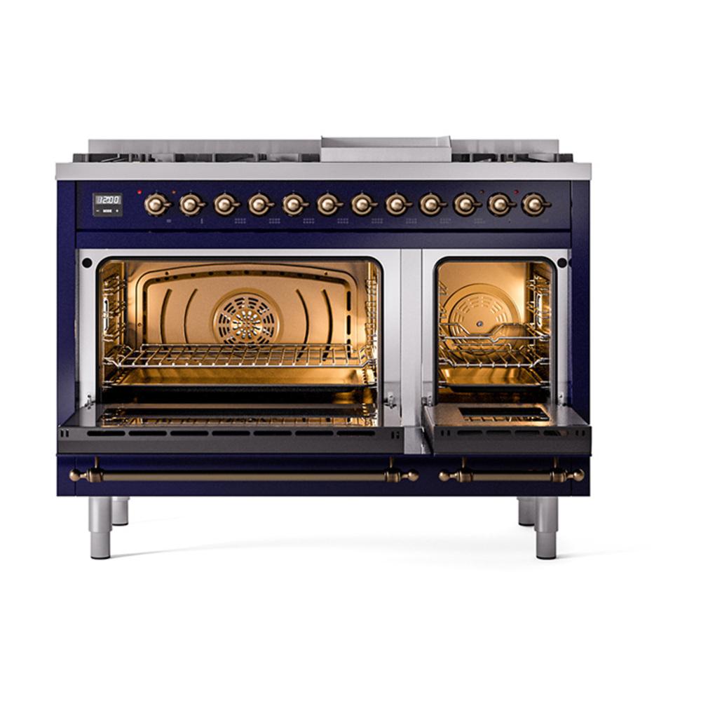 Ilve UN48FQNMPMBBLP Ilve Un48Fqnmpmbblp Nostalgie Ii Noblesse 48" Dual Fuel Range (8 Sealed Burners + Griddle, Liquid Propane, Solid Door, Midnight Blue, Burnished)