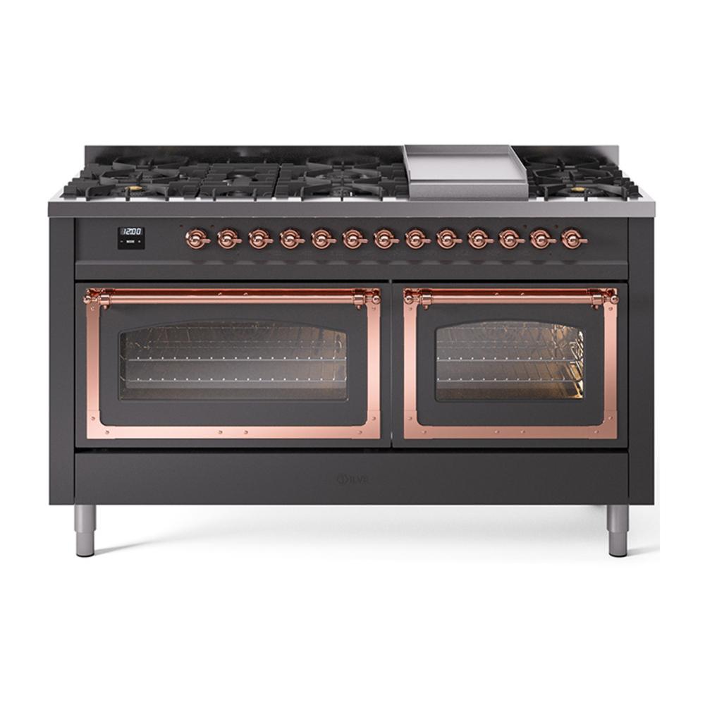 Ilve UN60FNMPMGPLP Ilve Un60Fnmpmgplp Nostalgie Ii Noblesse 60" Dual Fuel Range (9 Sealed Burners + Griddle, Liquid Propane, Triple Glass Door, Graphite Matte, Copper)
