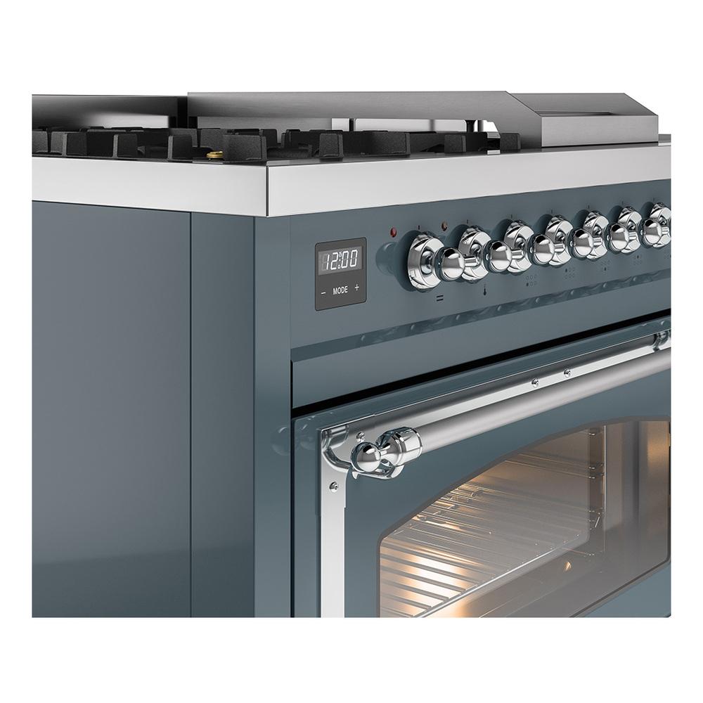 Ilve UN48FSNMPBGCLP Ilve Un48Fsnmpbgclp Nostalgie Ii Noblesse 48" Dual Fuel Range (5 Sealed Burners + Griddle + French Top, Liquid Propane, Triple Glass Door, Blue Grey, Chrome)