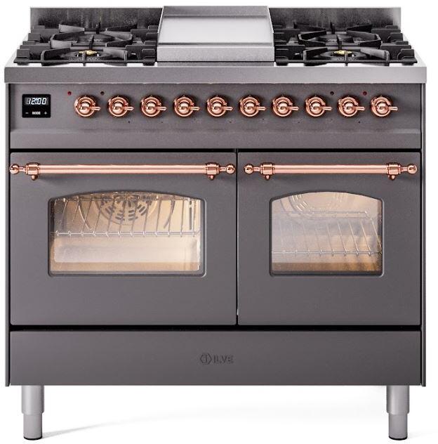 Ilve UPD40FNMPMGPLP Nostalgie Ii 40 Inch Dual Fuel Liquid Propane Freestanding Range In Matte Graphite With Copper Trim