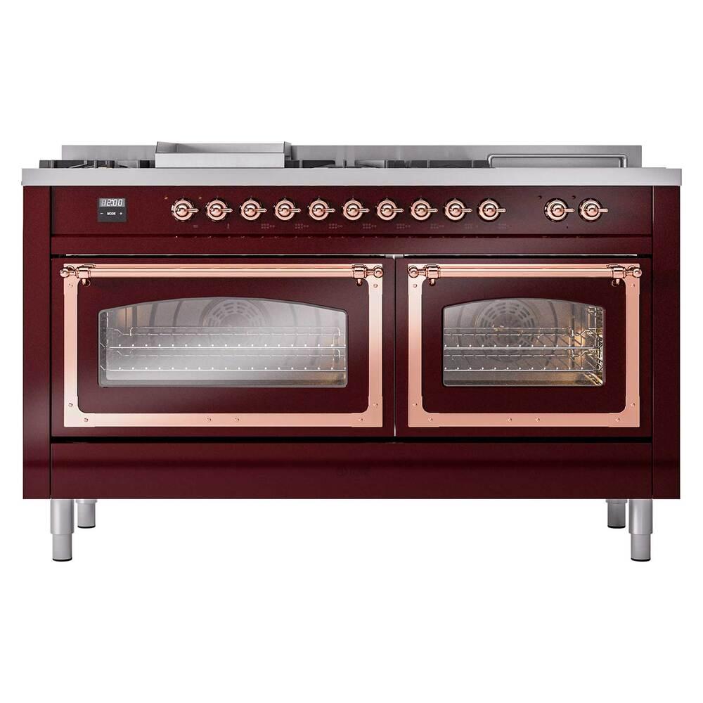 Ilve UN60FSNMPBUP Ilve Un60Fsnmpbup Nostalgie Ii Noblesse 60" Dual Fuel Range (7 Sealed Burners + Griddle + French Top, Natural Gas, Triple Glass Door, Burgundy, Copper)