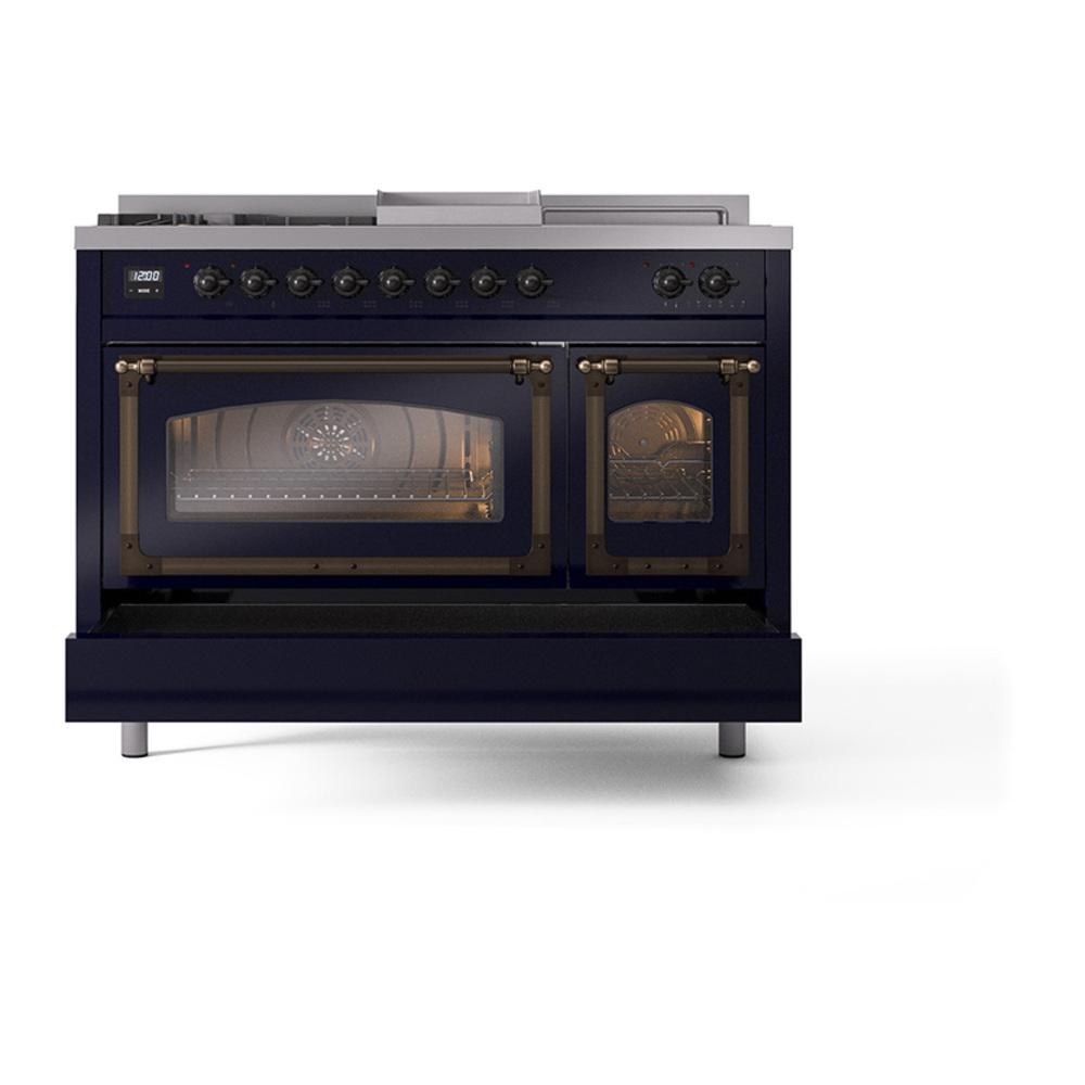 Ilve UN48FSNMPMBBLP Ilve Un48Fsnmpmbblp Nostalgie Ii Noblesse 48" Dual Fuel Range (5 Sealed Burners + Griddle + French Top, Liquid Propane, Triple Glass Door, Midnight Blue, Burnished)