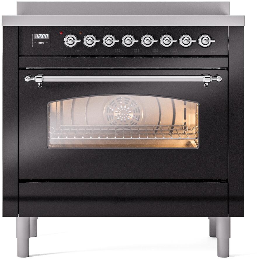 Ilve UPI366NMPBKC Nostalgie Ii 36 Inch Electric Freestanding Range In Glossy Black With Chrome Trim